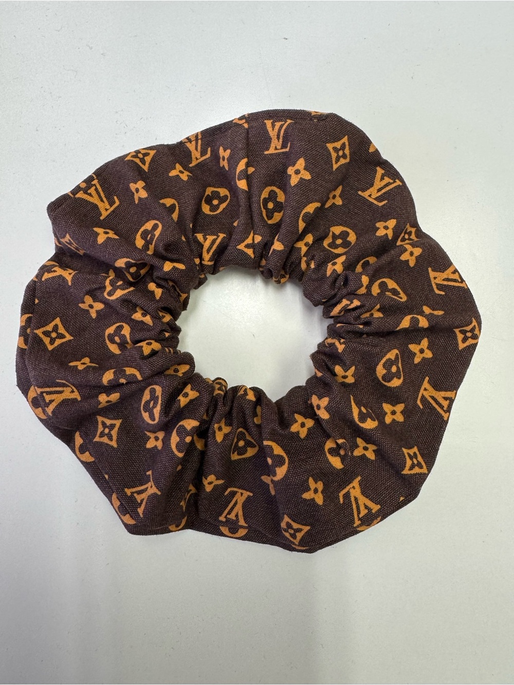 Luxury brand print LV pattern fabric brown and beige hair scrunchie